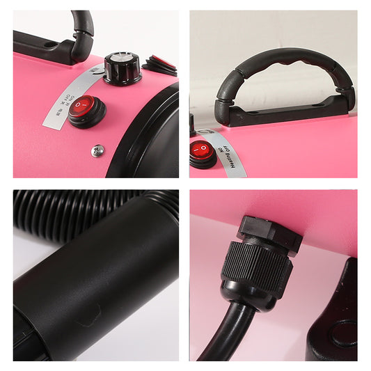 Pink pet hair dryer with comb nozzle attachment beside a groomed dog