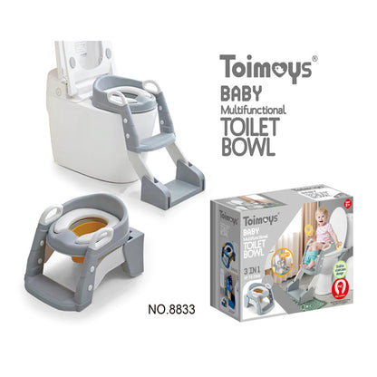 Grey foldable children's toilet trainer seat with ladder and anti-slip footrests