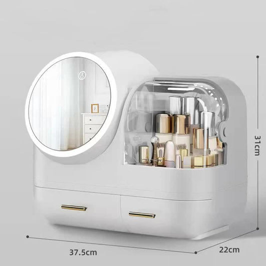 Ivory white LED vanity makeup organiser with touch-control mirror and partitioned storage