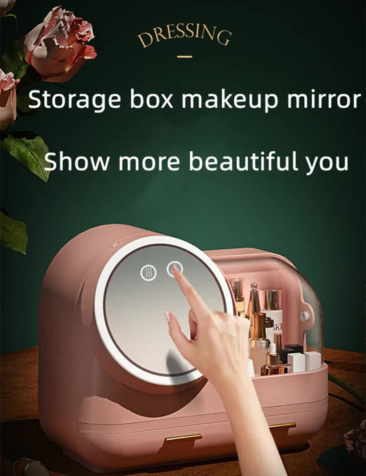 Ivory white LED vanity makeup organiser with touch-control mirror and partitioned storage