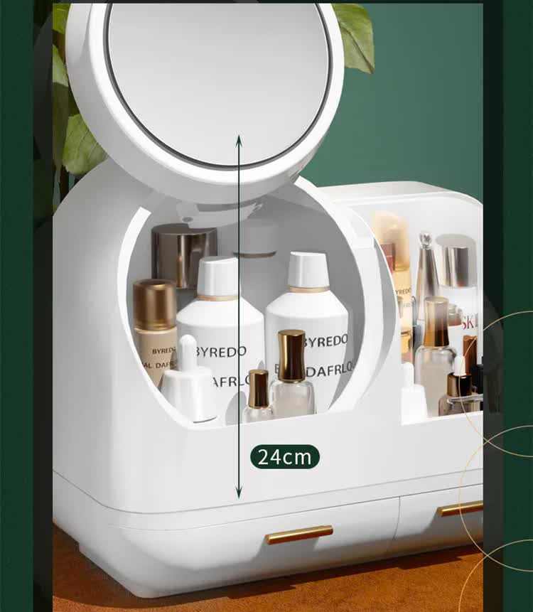 Ivory white LED vanity makeup organiser with touch-control mirror and partitioned storage