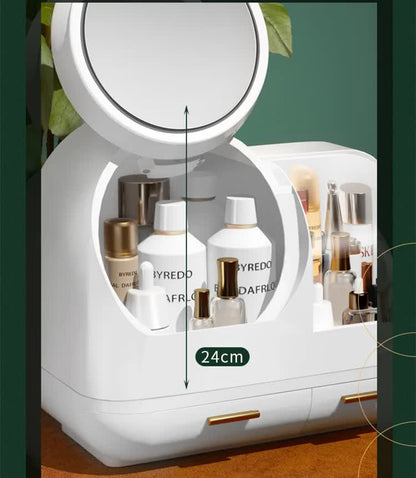 Ivory white LED vanity makeup organiser with touch-control mirror and partitioned storage