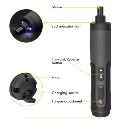 Cordless electric screwdriver set with LED light, bits and storage case