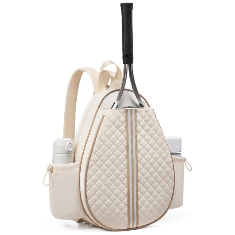 Beige waterproof tennis racket backpack with adjustable straps and zip fastening