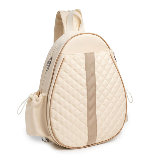 Beige waterproof tennis racket backpack with adjustable straps and zip fastening