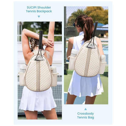 Beige waterproof tennis racket backpack with adjustable straps and zip fastening