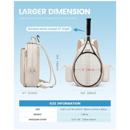 Beige waterproof tennis racket backpack with adjustable straps and zip fastening
