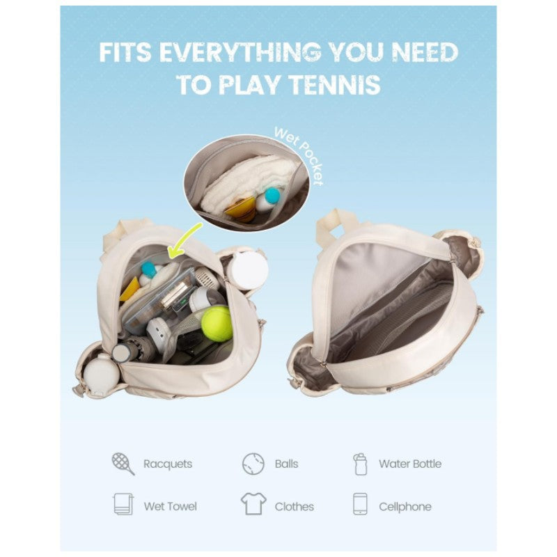 Beige waterproof tennis racket backpack with adjustable straps and zip fastening