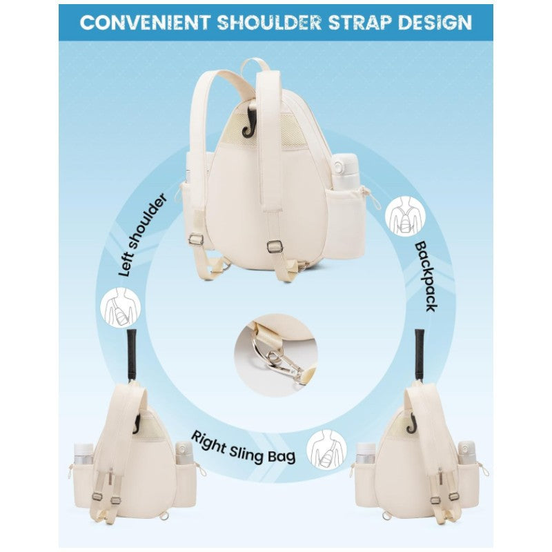 Beige waterproof tennis racket backpack with adjustable straps and zip fastening
