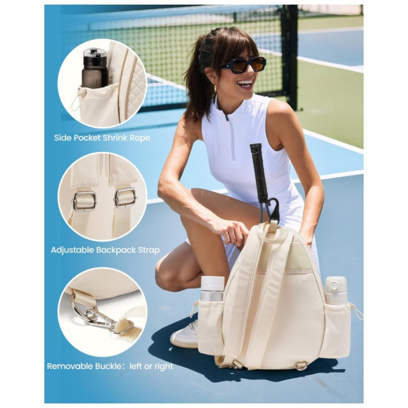 Beige waterproof tennis racket backpack with adjustable straps and zip fastening