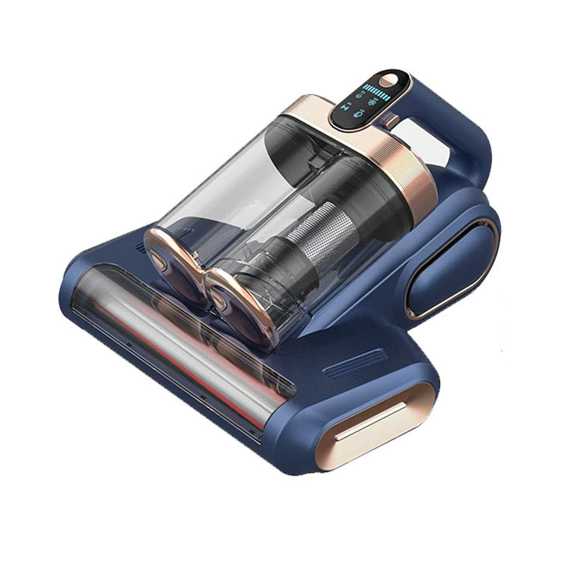 Blue cordless mite vacuum cleaner with LED display and rose gold accents