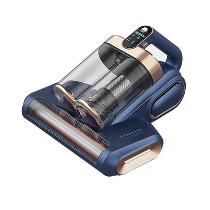 Blue cordless mite vacuum cleaner with LED display and rose gold accents