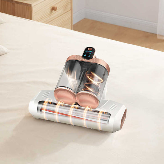 Blue cordless mite vacuum cleaner with LED display and rose gold accents