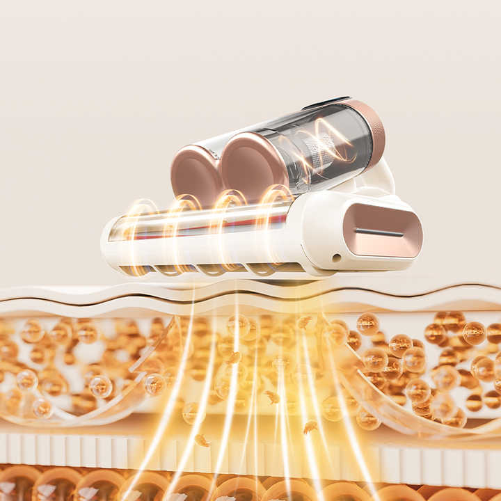 Blue cordless mite vacuum cleaner with LED display and rose gold accents