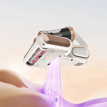 Blue cordless mite vacuum cleaner with LED display and rose gold accents