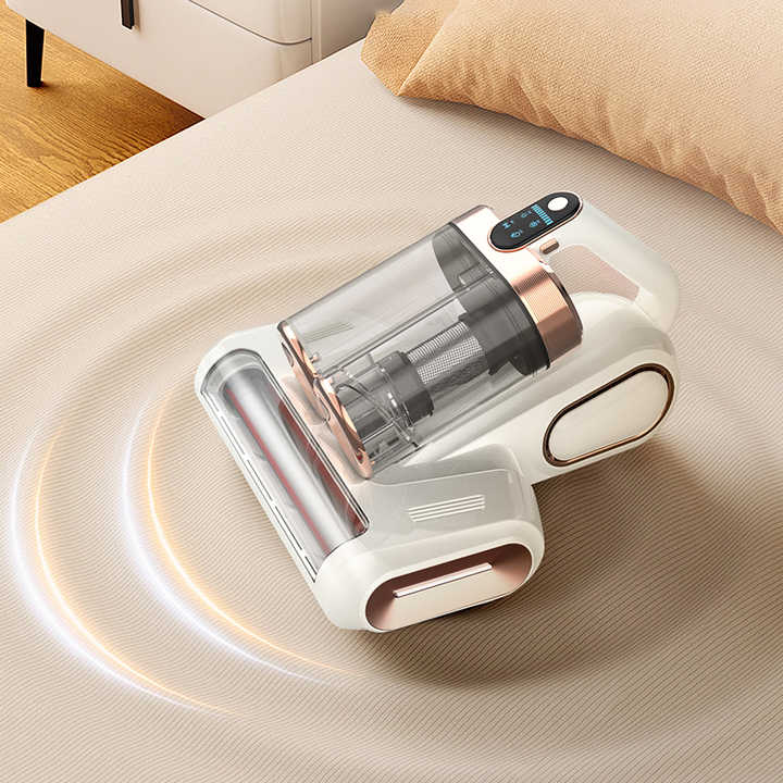 Blue cordless mite vacuum cleaner with LED display and rose gold accents