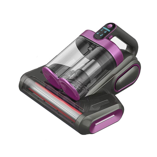 White cordless handheld dust mite vacuum with LED display on a mattress