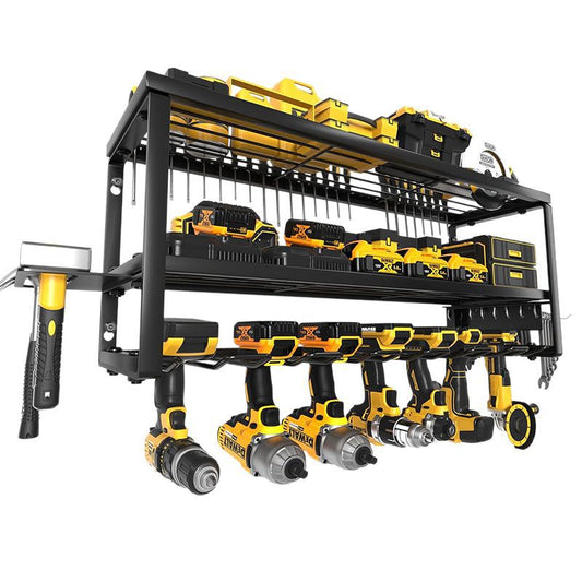 Black wall mounted 3-tier steel tool organiser with drill slots, hooks and side racks