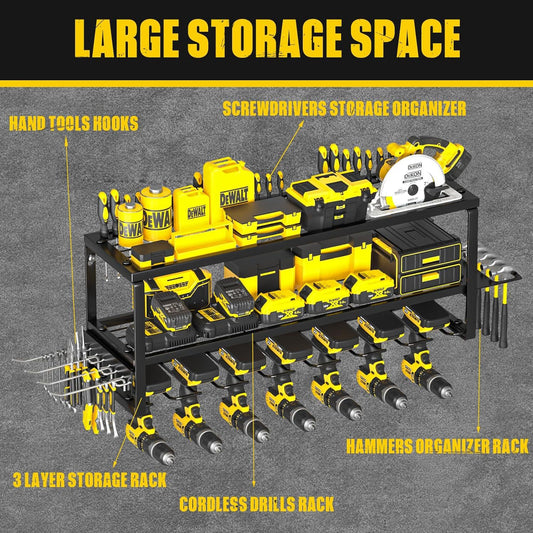 Black wall mounted 3-tier steel tool organiser with drill slots, hooks and side racks