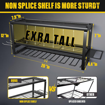 Black wall mounted 3-tier steel tool organiser with drill slots, hooks and side racks