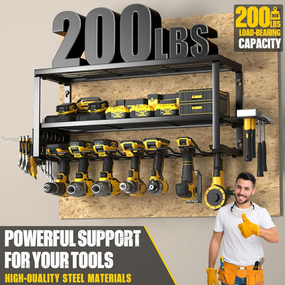 Black wall mounted 3-tier steel tool organiser with drill slots, hooks and side racks
