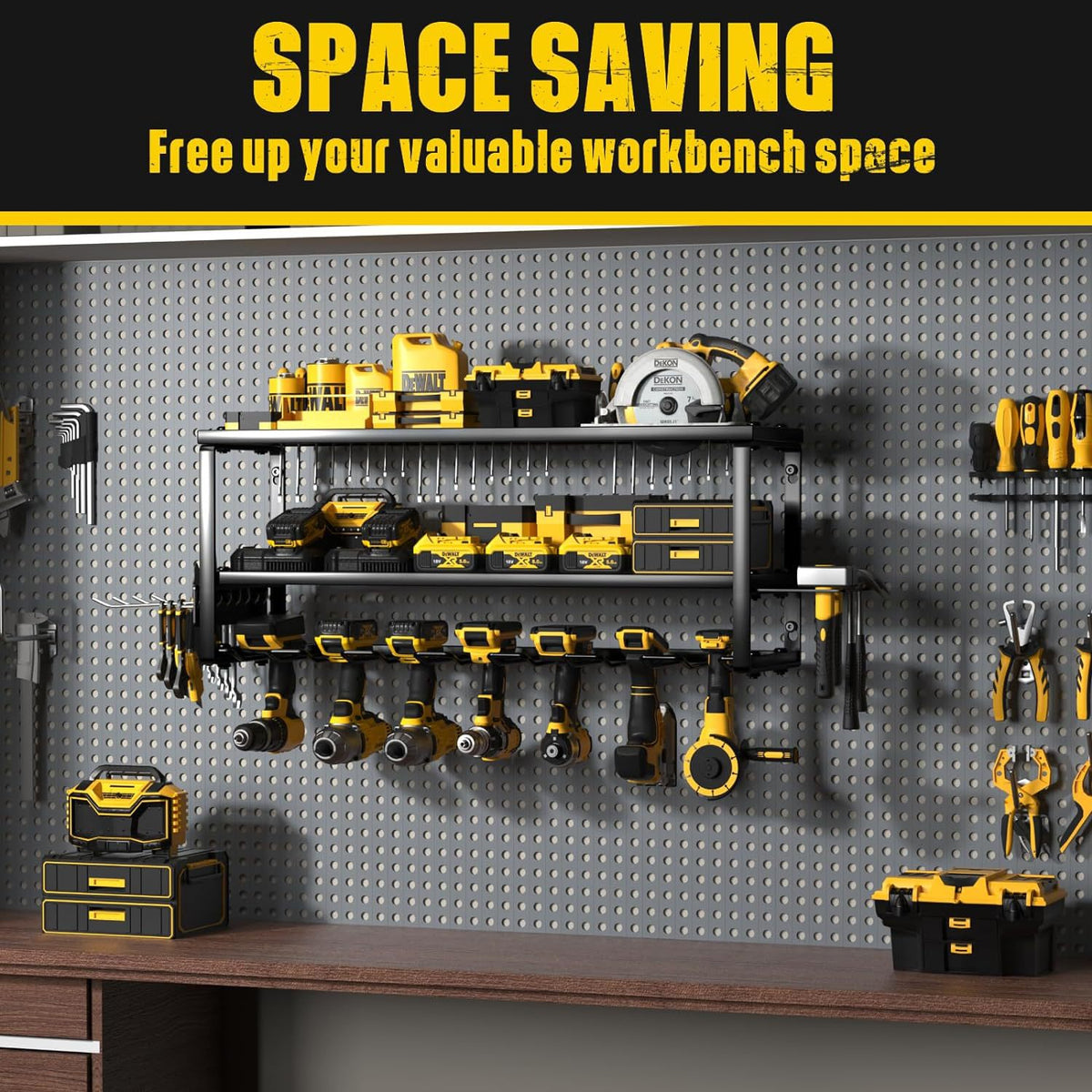 Black wall mounted 3-tier steel tool organiser with drill slots, hooks and side racks