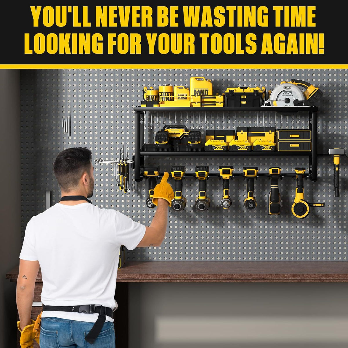 Black wall mounted 3-tier steel tool organiser with drill slots, hooks and side racks