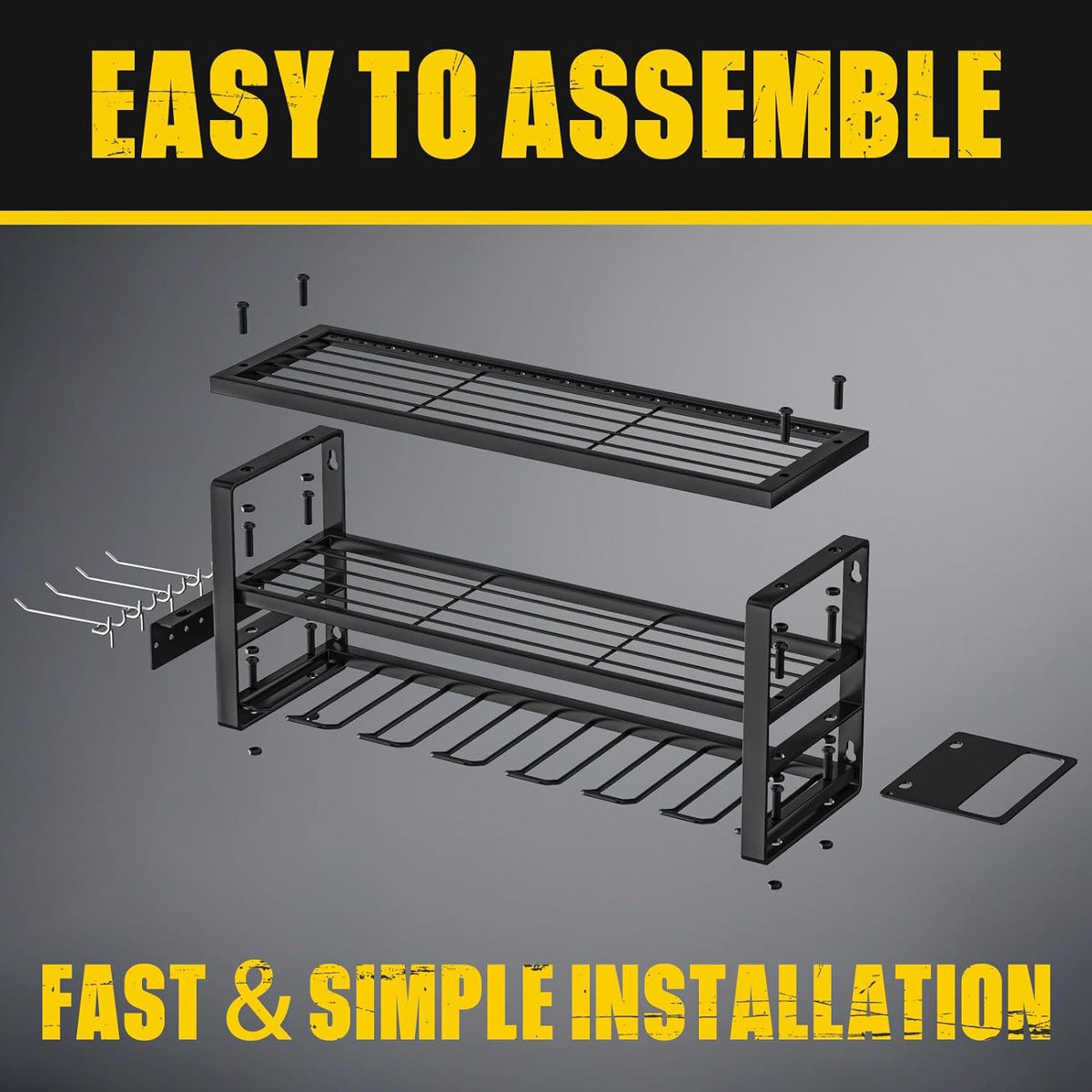 Black wall mounted 3-tier steel tool organiser with drill slots, hooks and side racks