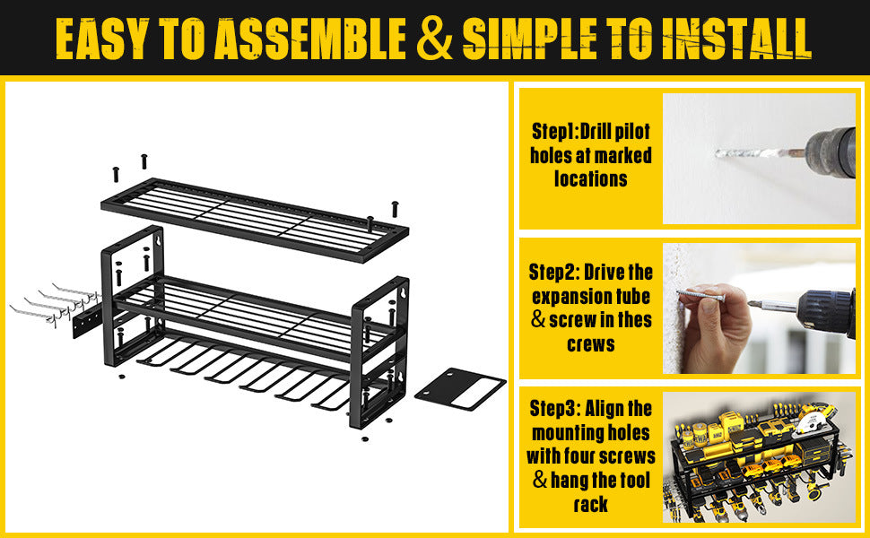 Black wall mounted 3-tier steel tool organiser with drill slots, hooks and side racks