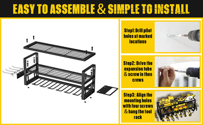 Black wall mounted 3-tier steel tool organiser with drill slots, hooks and side racks