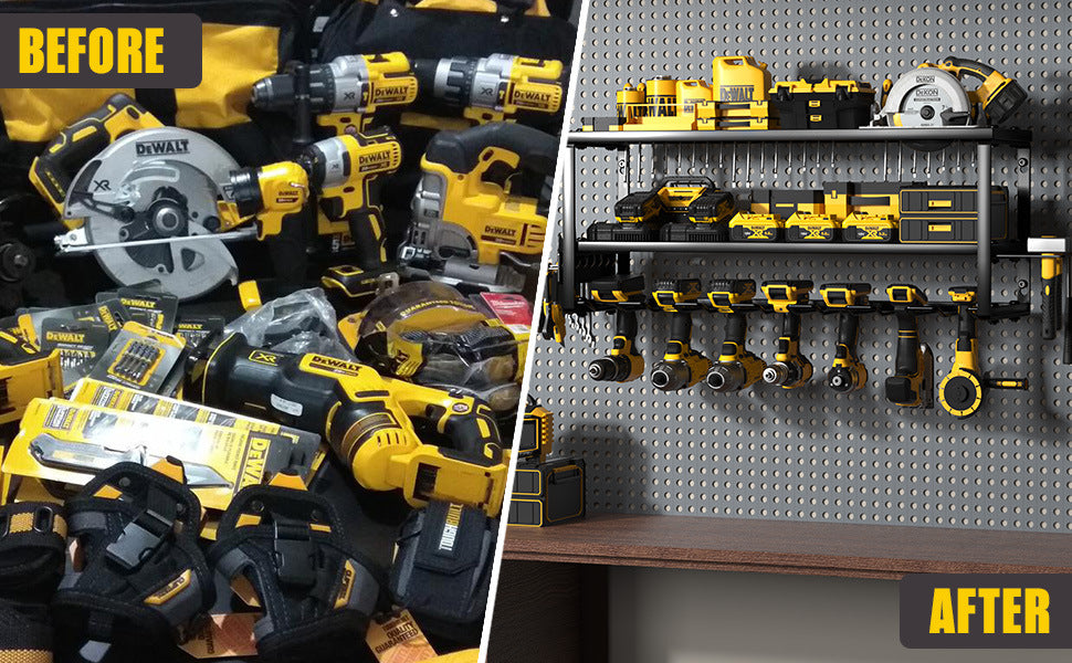 Black wall mounted 3-tier steel tool organiser with drill slots, hooks and side racks