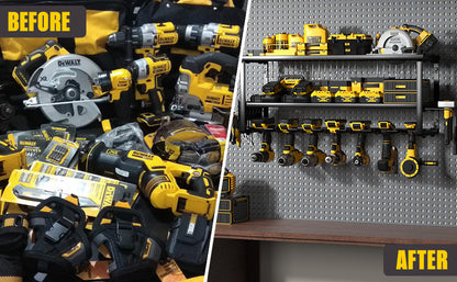 Black wall mounted 3-tier steel tool organiser with drill slots, hooks and side racks