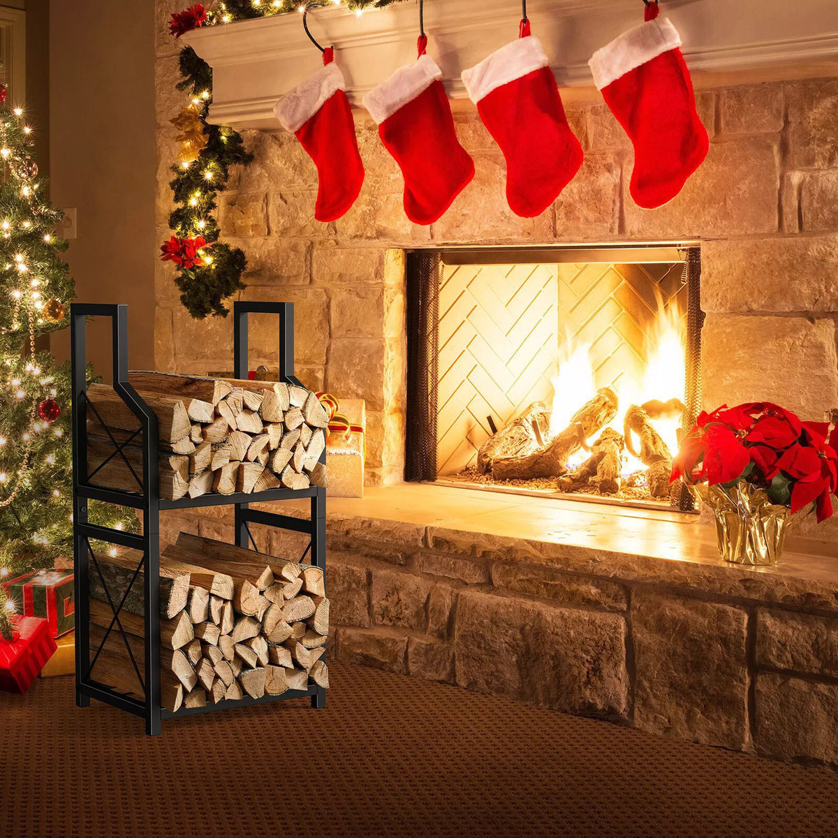 Two tier black metal firewood rack holding split logs beside a fireplace