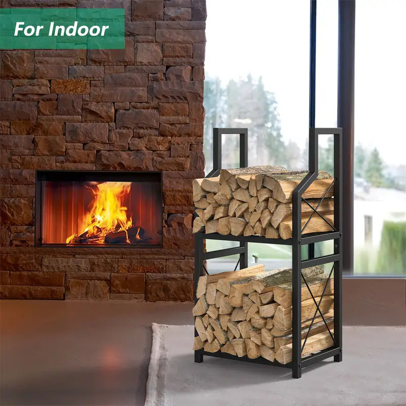 Two tier black metal firewood rack holding split logs beside a fireplace