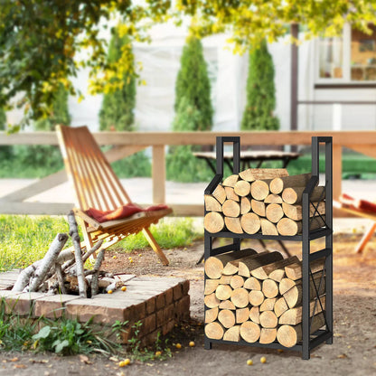 Two tier black metal firewood rack holding split logs beside a fireplace