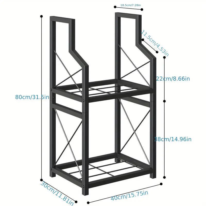 Two tier black metal firewood rack holding split logs beside a fireplace