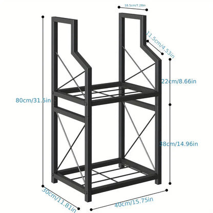 Two tier black metal firewood rack holding split logs beside a fireplace