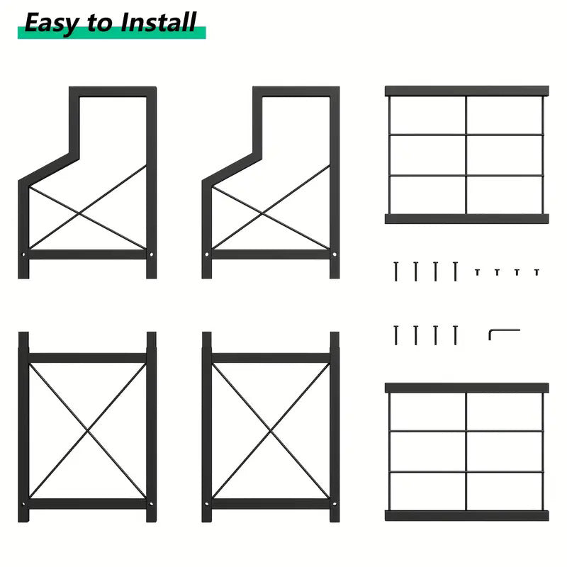 Two tier black metal firewood rack holding split logs beside a fireplace