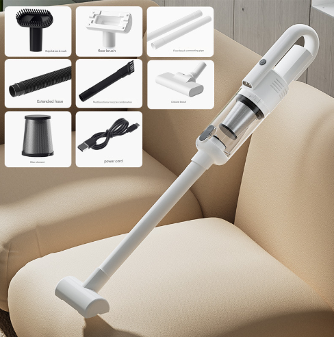 Cordless stick vacuum cleaner with handheld attachments and USB charging cable