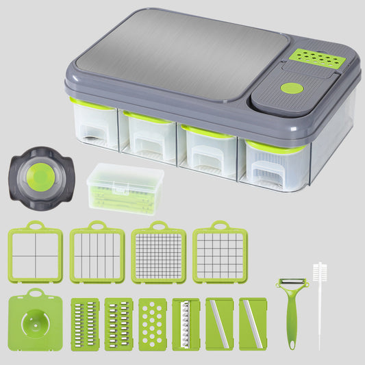 Grey and green 12-in-1 vegetable chopper set with containers and blades