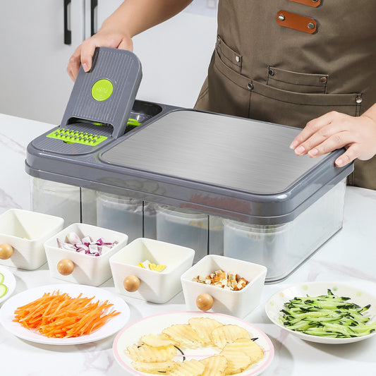Grey and green 12-in-1 vegetable chopper set with containers and blades