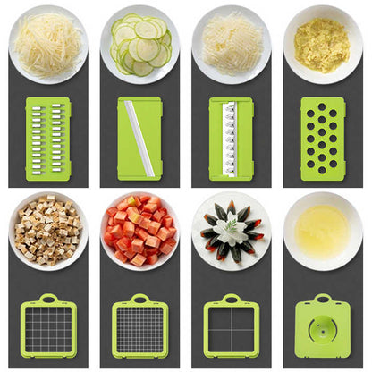 Grey and green 12-in-1 vegetable chopper set with containers and blades
