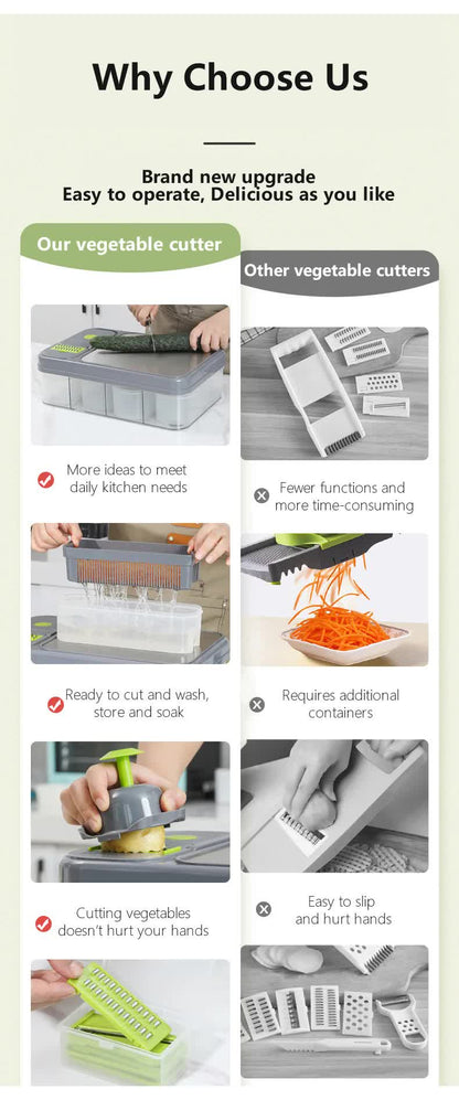 Grey and green 12-in-1 vegetable chopper set with containers and blades