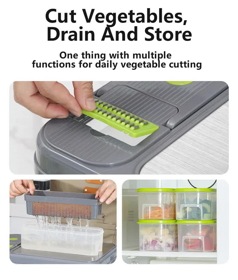 Grey and green 12-in-1 vegetable chopper set with containers and blades