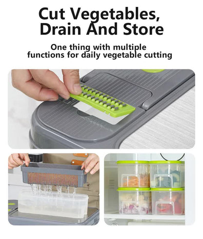 Grey and green 12-in-1 vegetable chopper set with containers and blades