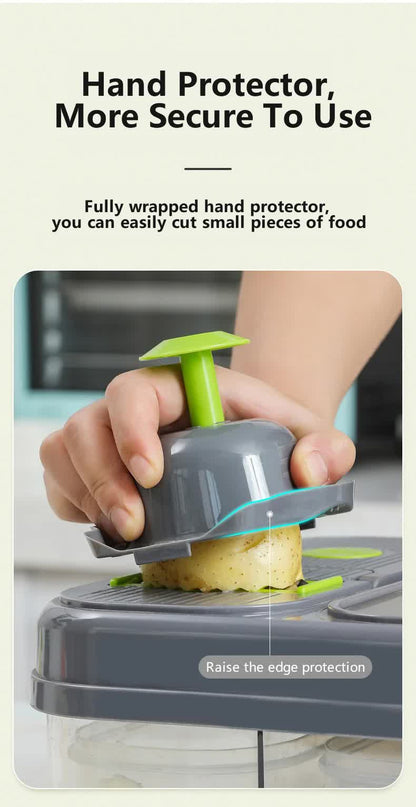 Grey and green 12-in-1 vegetable chopper set with containers and blades