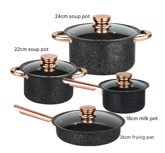 8-piece stainless steel cookware set with glass lids and frying pan