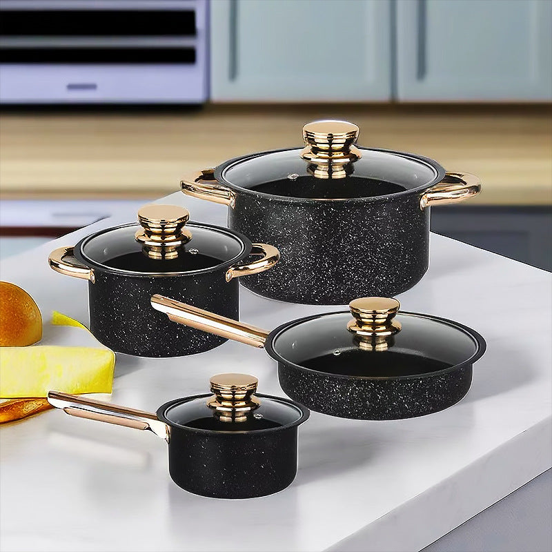 8-piece stainless steel cookware set with glass lids and frying pan