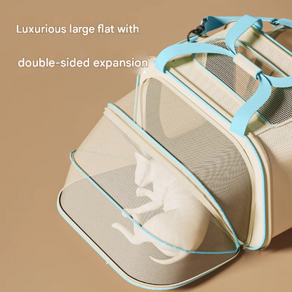 Portable cat backpack pet carrier with mesh panels, top opening and shoulder straps