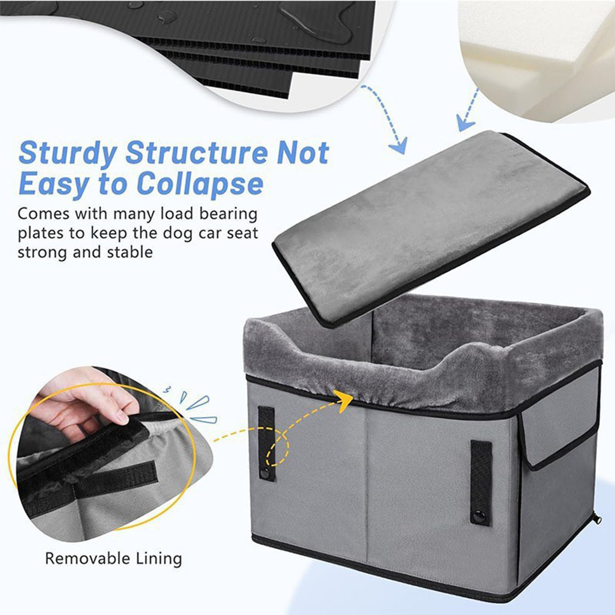 Black portable dog booster seat with plush liner, safety straps and storage pockets